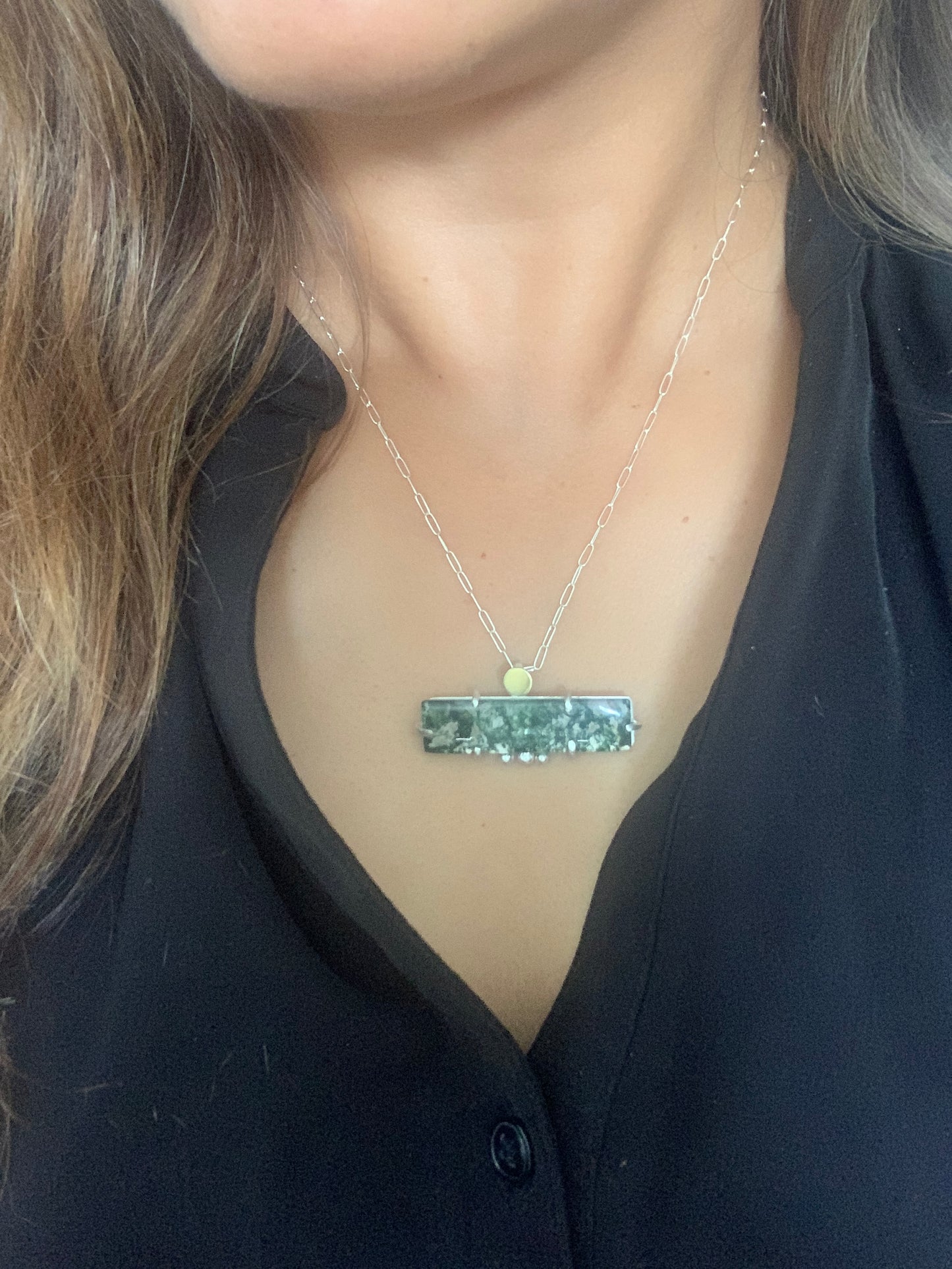 Moss agate geometric pendant necklace with brass dots