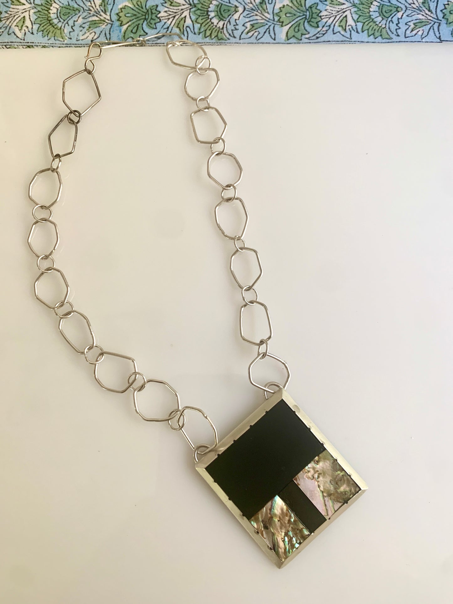 Black jet and Abalone inlay geometric statement necklace