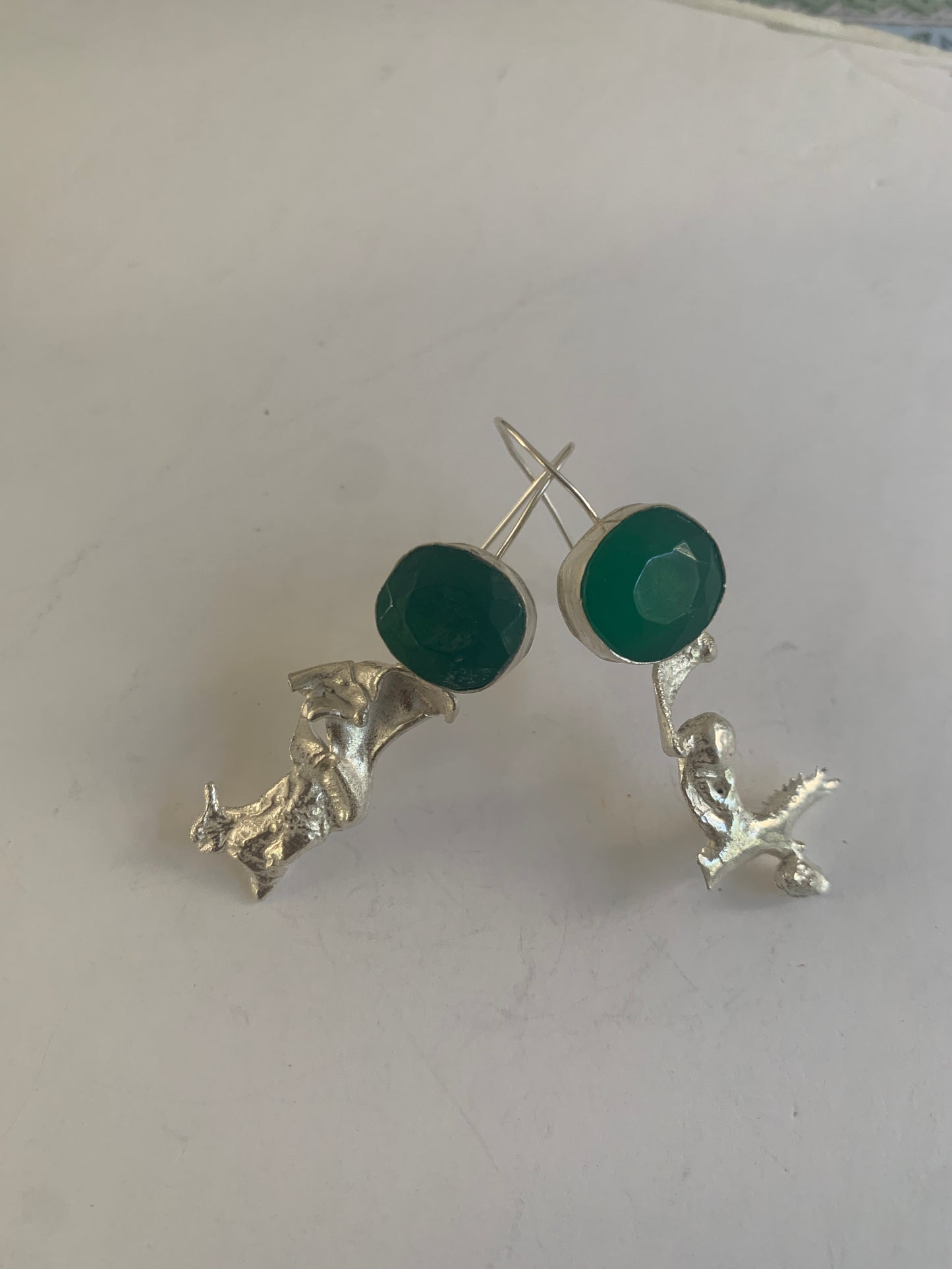 Green onyx and sterling silver asymmetric earrings
