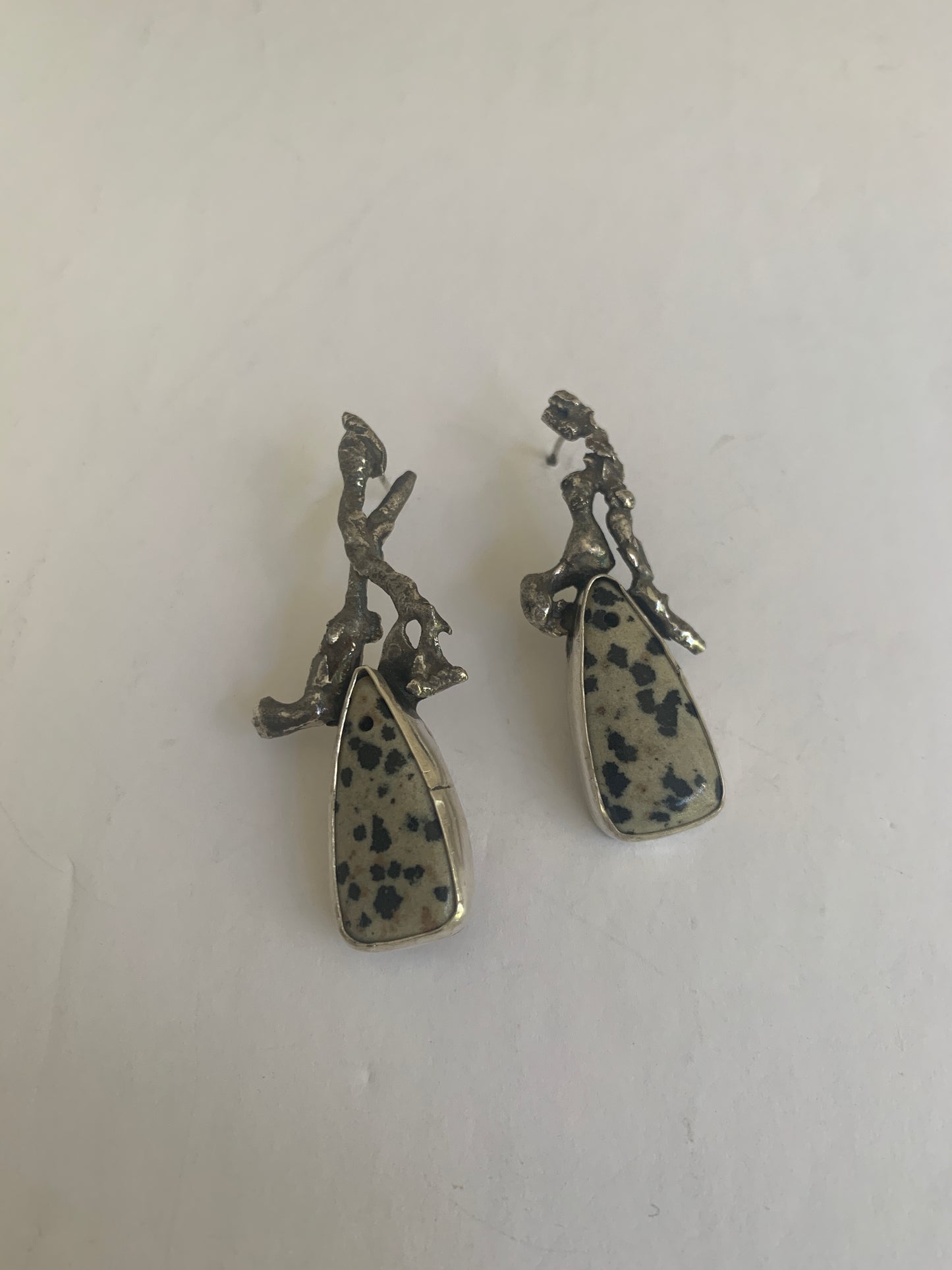 Dalmatian Jasper and fused sterling silver asymmetric  earrings