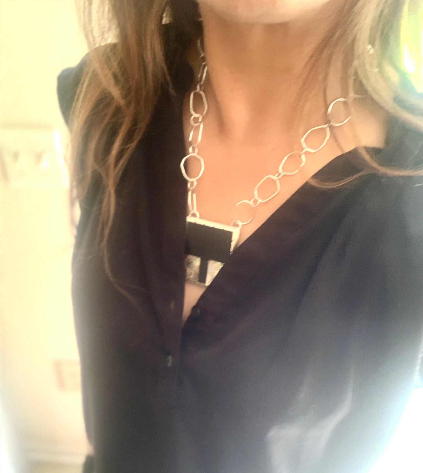 Black jet and Abalone inlay geometric statement necklace