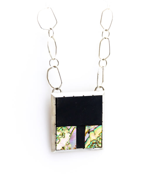 Black jet and Abalone inlay geometric statement necklace