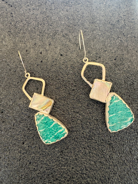 Amazonite and Mother of Pearl Dangle earrings in Sterling silver