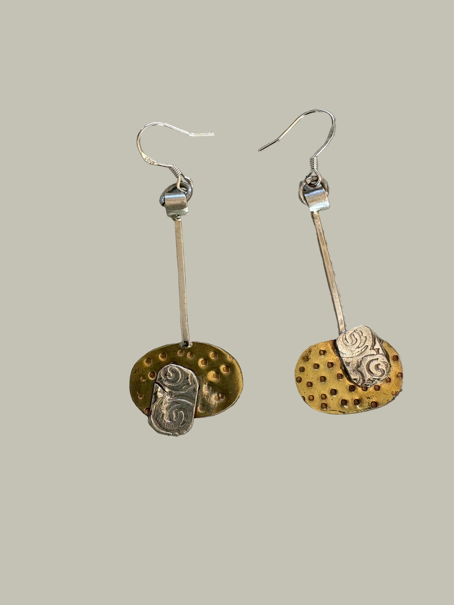 Two tone brass and sterling silver lightweight dangle earrings