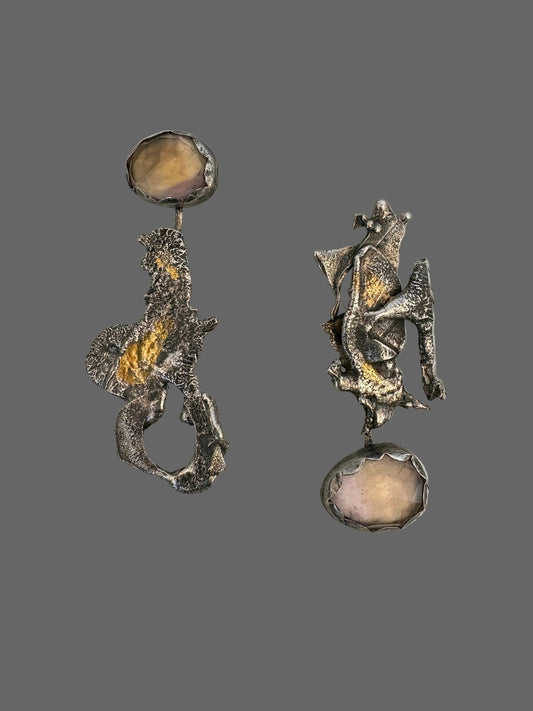 Asymmetric fused Sterling silver and Ametrine earrings with Kuem Boo