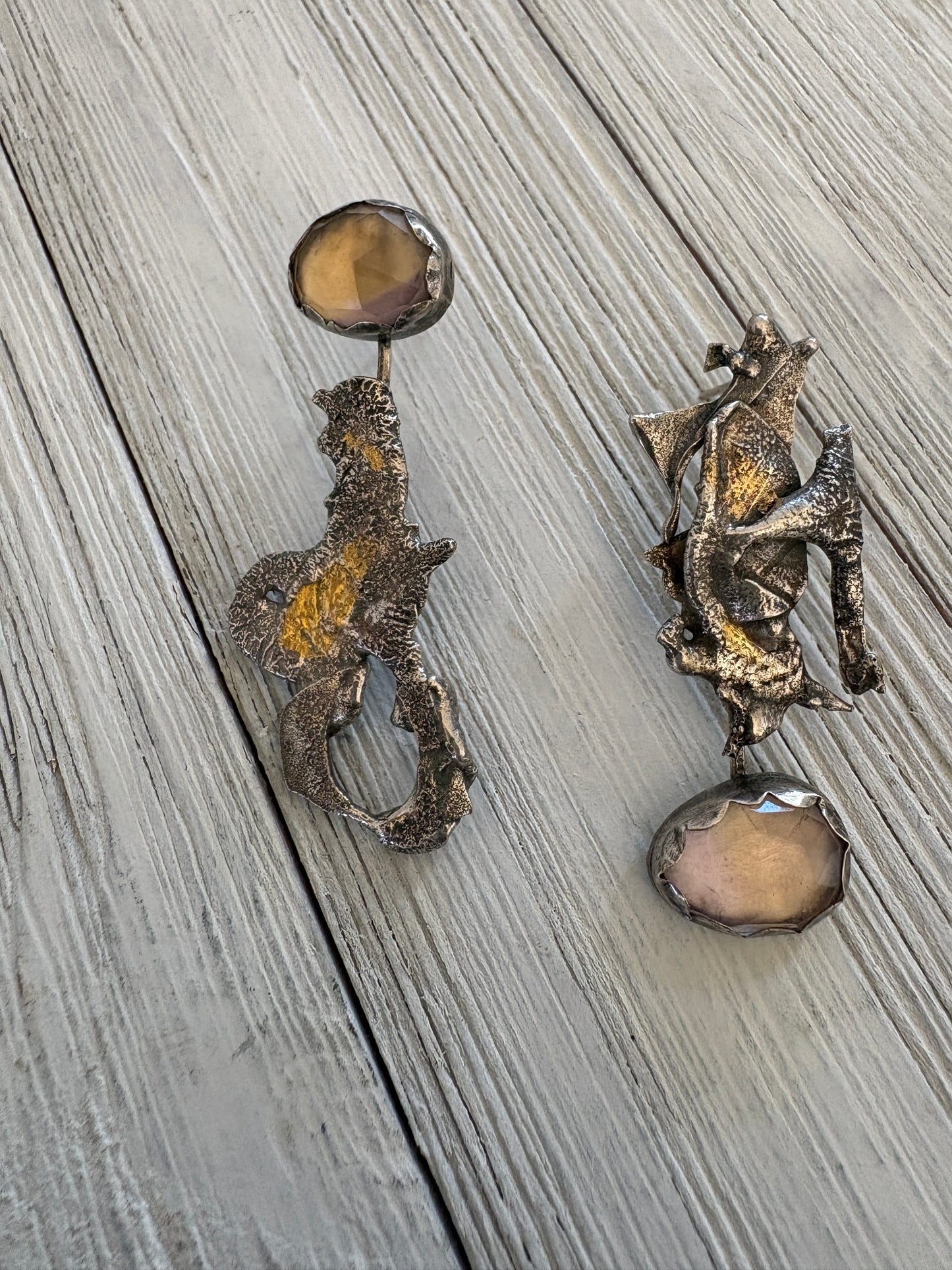 Asymmetric fused Sterling silver and Ametrine earrings with Kuem Boo