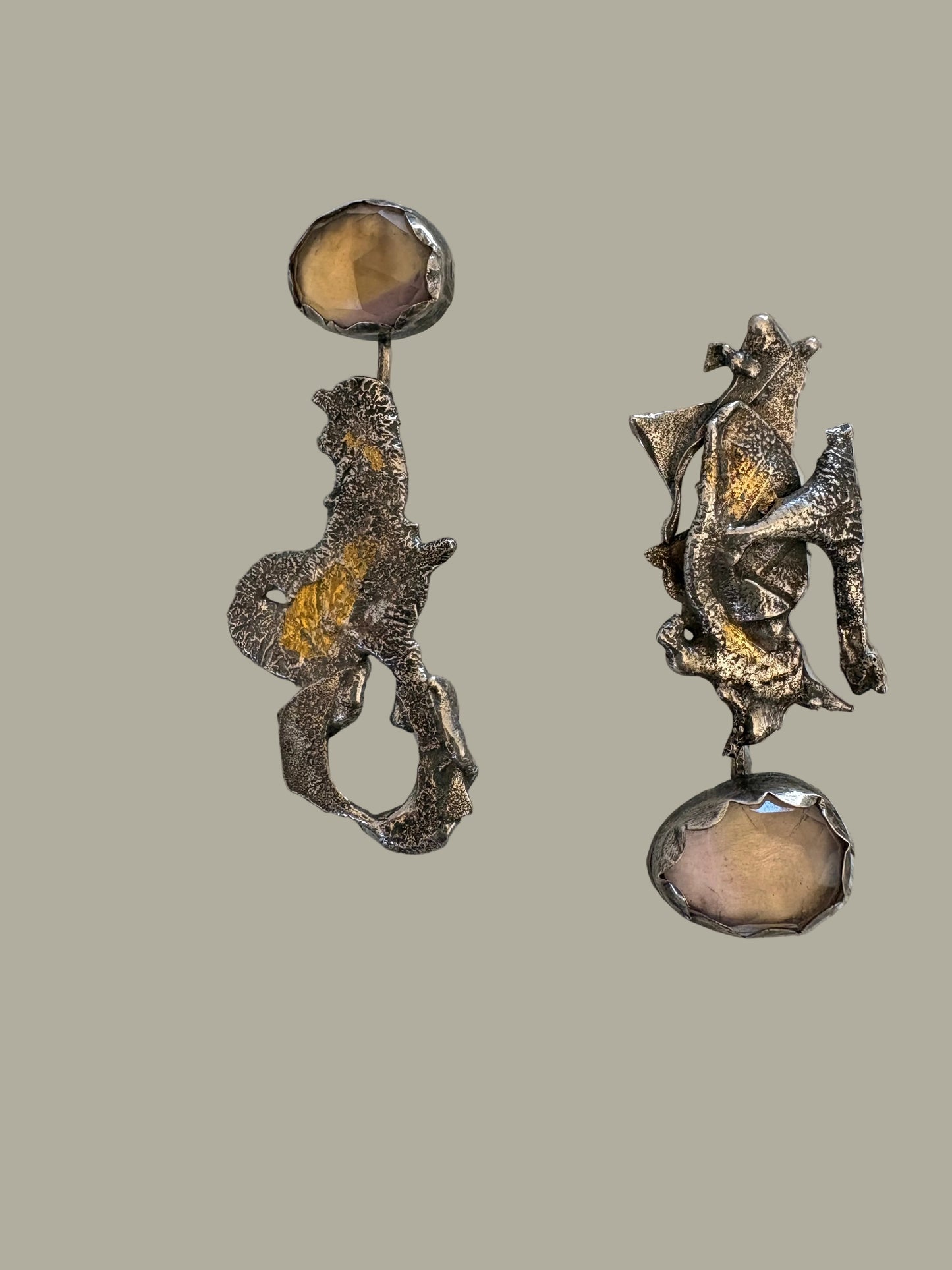 Asymmetric fused Sterling silver and Ametrine earrings with Kuem Boo