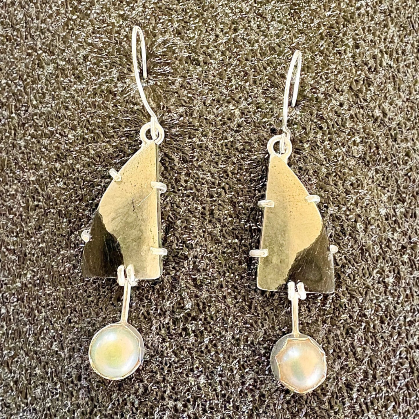 Paarisha Jewelry sterling silver drop earrings featuring geometric metal plates and dangling white pearls