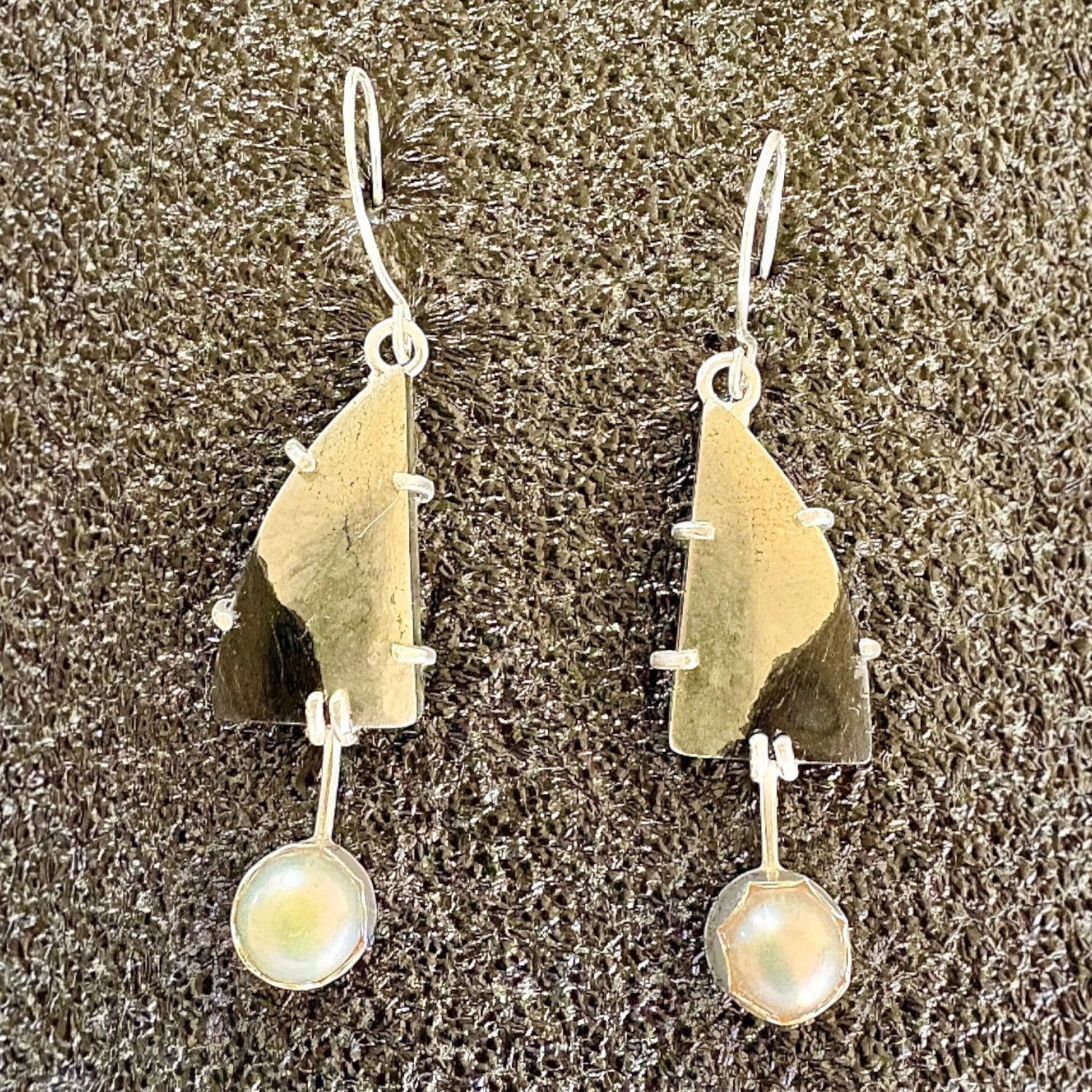 Paarisha Jewelry sterling silver drop earrings featuring geometric metal plates and dangling white pearls