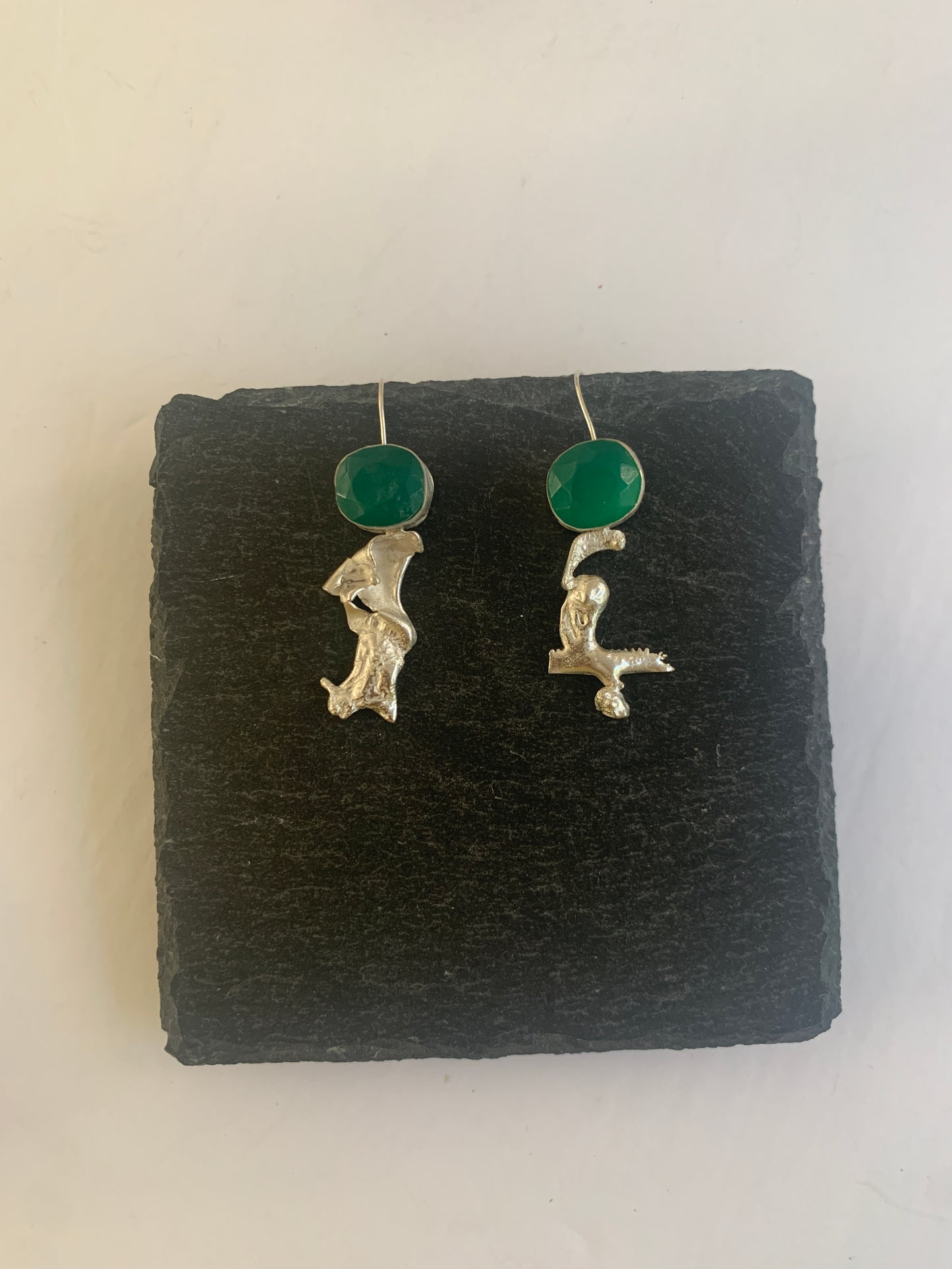 Green onyx and sterling silver asymmetric earrings