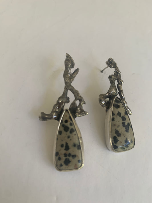 Dalmatian Jasper and fused sterling silver asymmetric  earrings