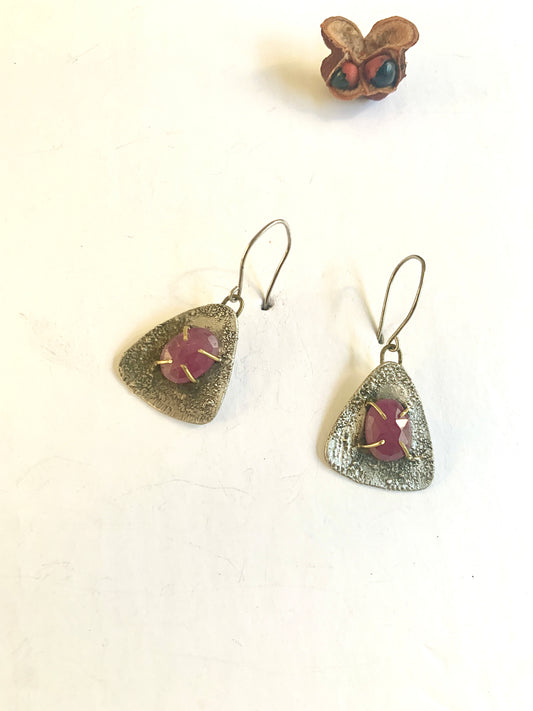Ruby and textured silver triangle dangle earrings
