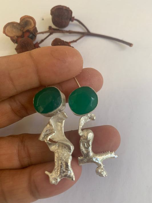 Green onyx and sterling silver asymmetric earrings