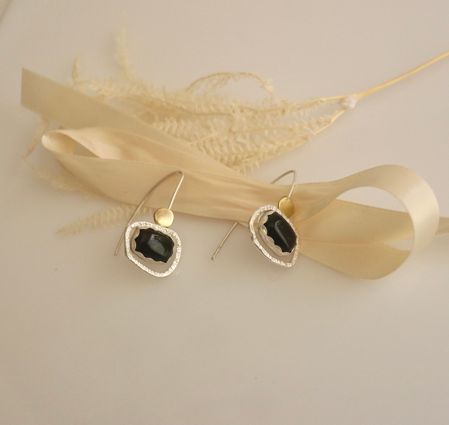 Brass and sterling silver black onyx earrings