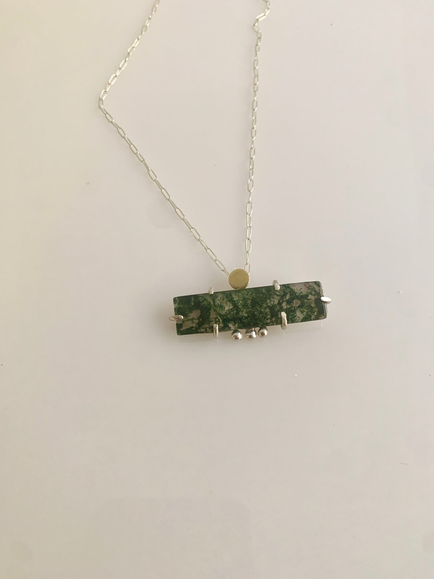 Moss agate geometric pendant necklace with brass dots
