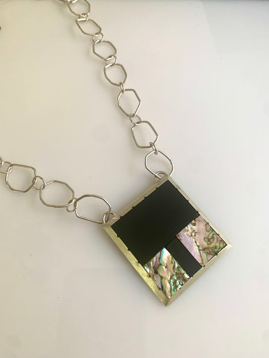 Black jet and Abalone inlay geometric statement necklace