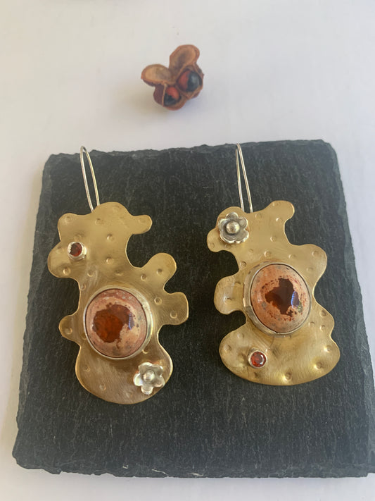 Fluid brass and silver Mexican opal earrings