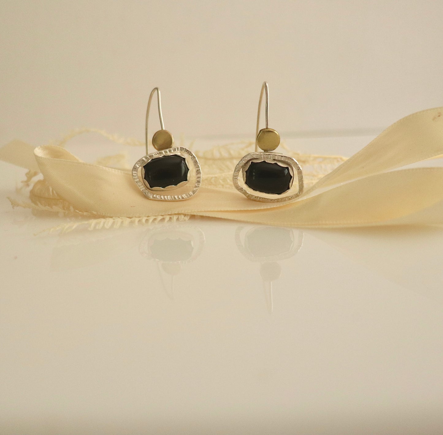 Brass and sterling silver black onyx earrings