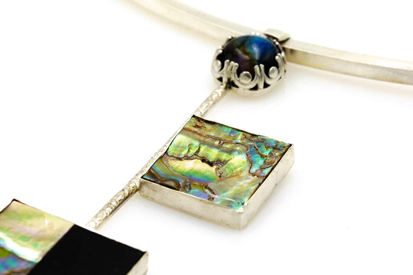 Labradorite, abalone and jet modern necklace